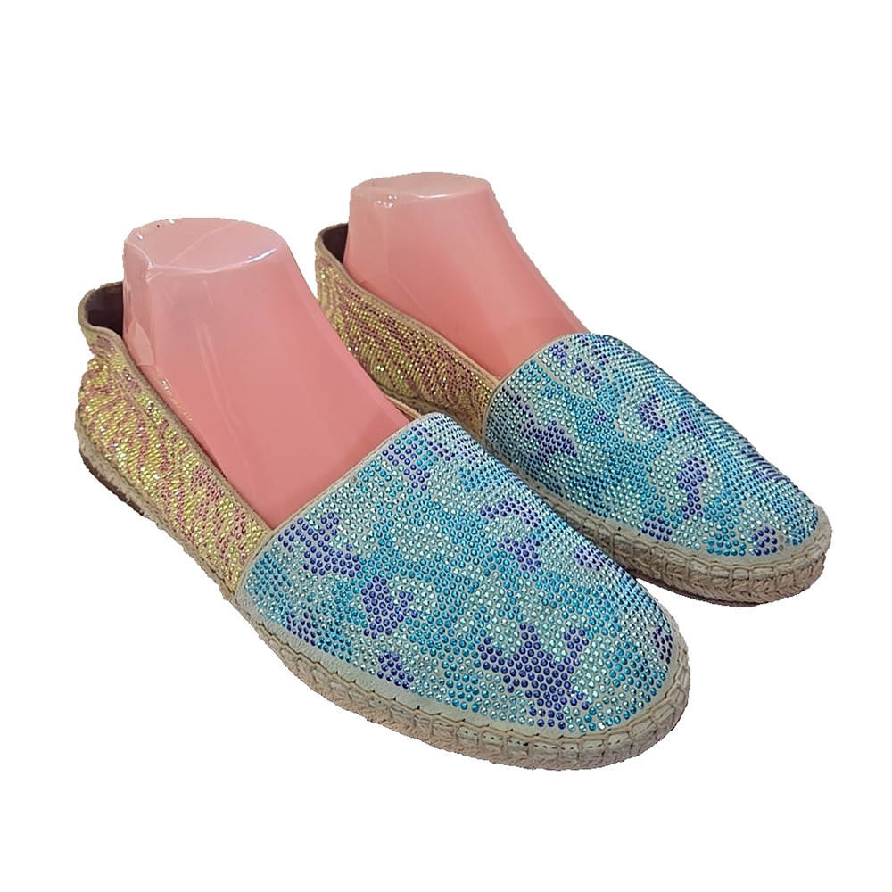 Brian Atwood Hartwell Blue Leather Rhinestone Espadrille Flats Womans Size 10M‎